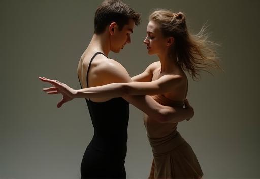 Two contemporary dancers in a fluid, connected pose, conveying emotion.