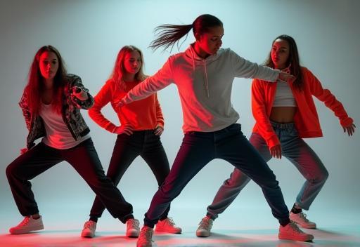Energetic group of young hip-hop dancers frozen in dynamic poses.