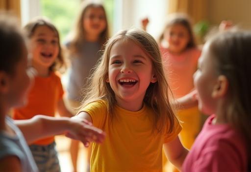 Group of happy children in colorful clothes laughing while dancing in a circle.