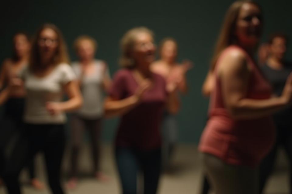 Group of adults participating in an expressive dance workshop.