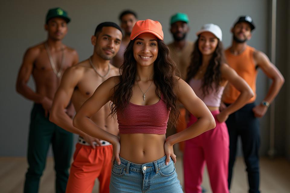 Group of hip-hop dancers posing confidently after a class session.