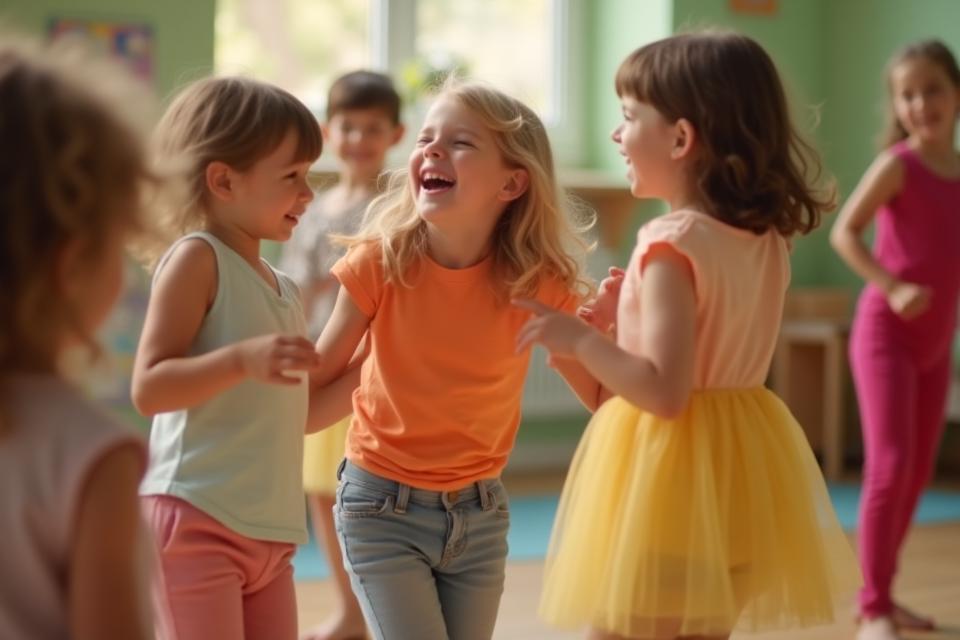 Children laughing and dancing joyfully together in a kids dance class.