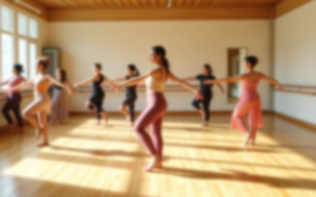 Group of diverse dancers practicing gracefully in a bright studio in Tokyo.